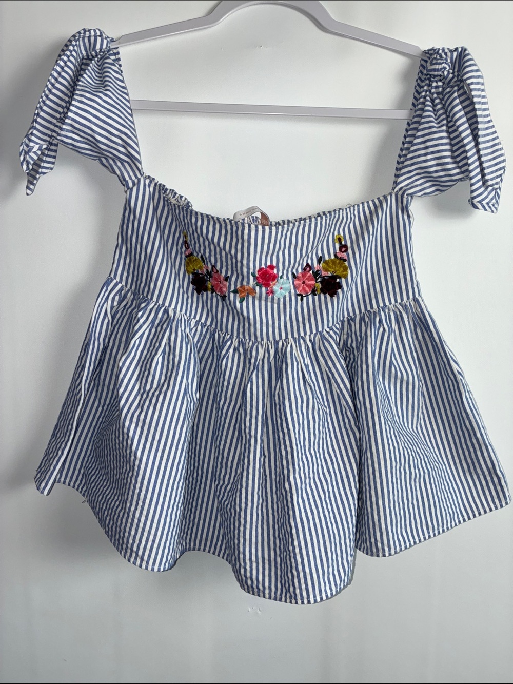 Zara Striped Embroidered Tie-Shoulder Smocked Peplum Top - Blue/White